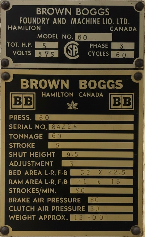 Mechanical Press 60-Ton Brown Boggs - Canadian Built - Used